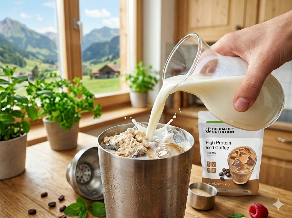Drei Gläser mit Protein-Kaffee-Variationen: Vanille, Schoko und Beere, garniert mit frischen Früchten